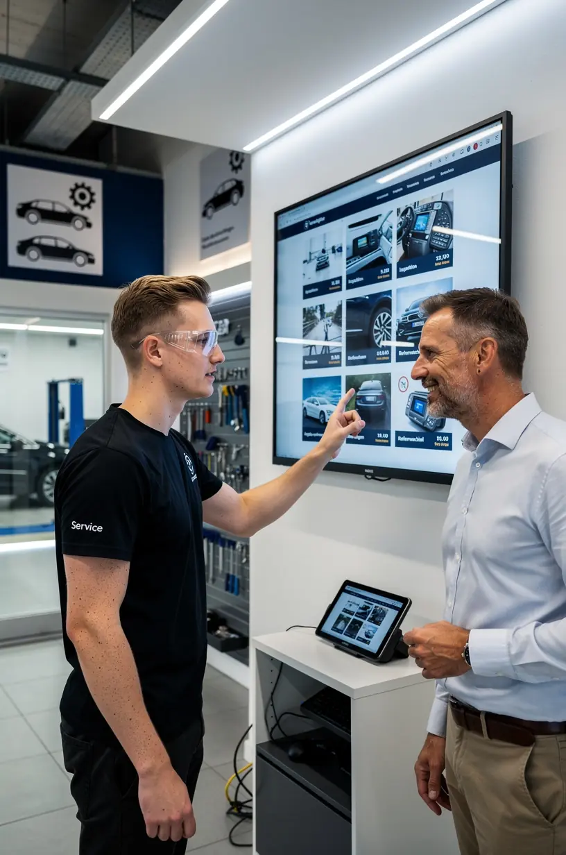 Mechaniker erklärt verschiedene Servicekategorien am Auto in professioneller Werkstattumgebung.