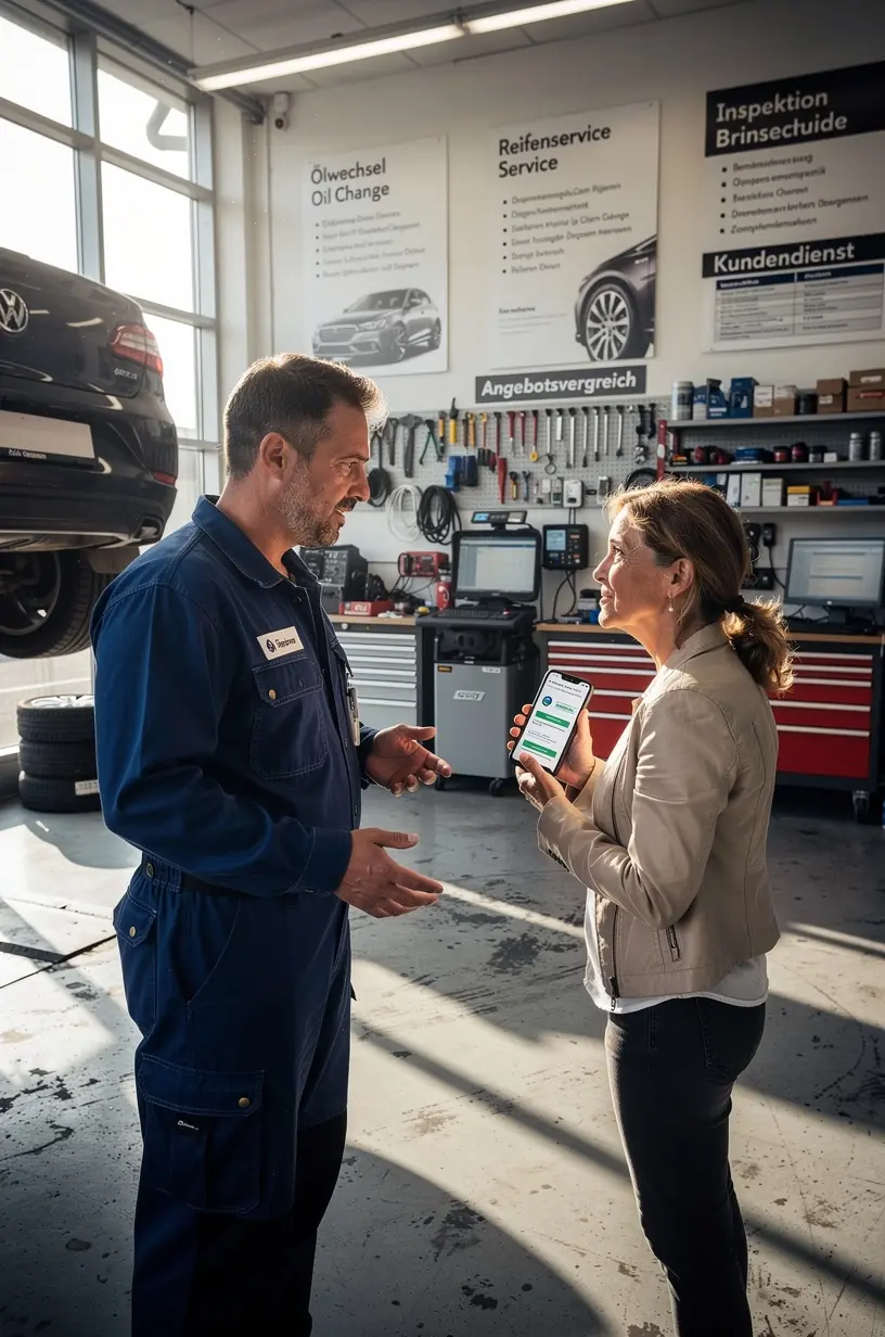 Grafik mit Preisübersicht und Leistungsbeschreibung für Autoreparatur in deutscher Werkstatt.