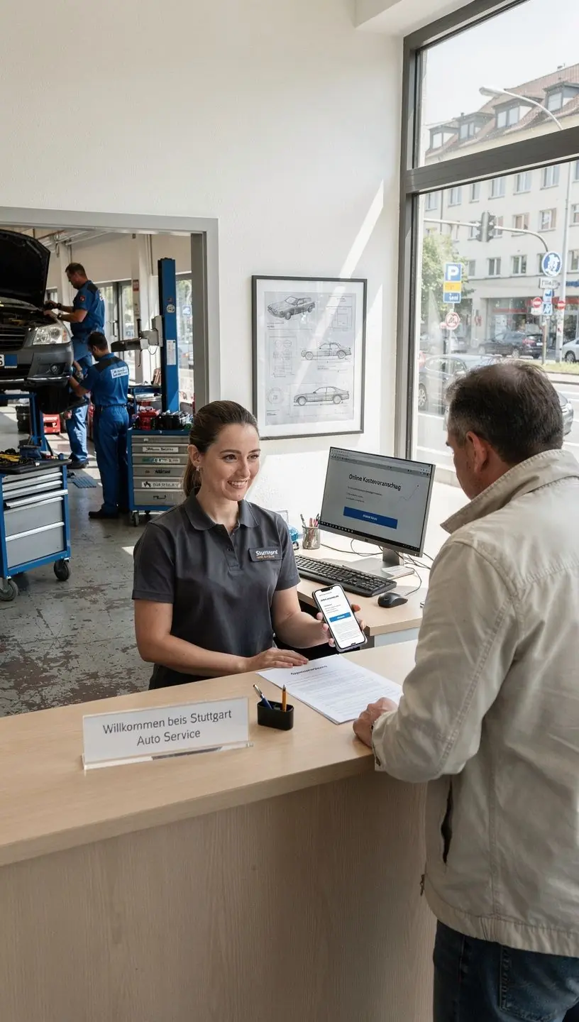 Fahrzeugheber mit Auto in Werkstatt, Fokus auf Qualität und transparente Reparaturprozesse.